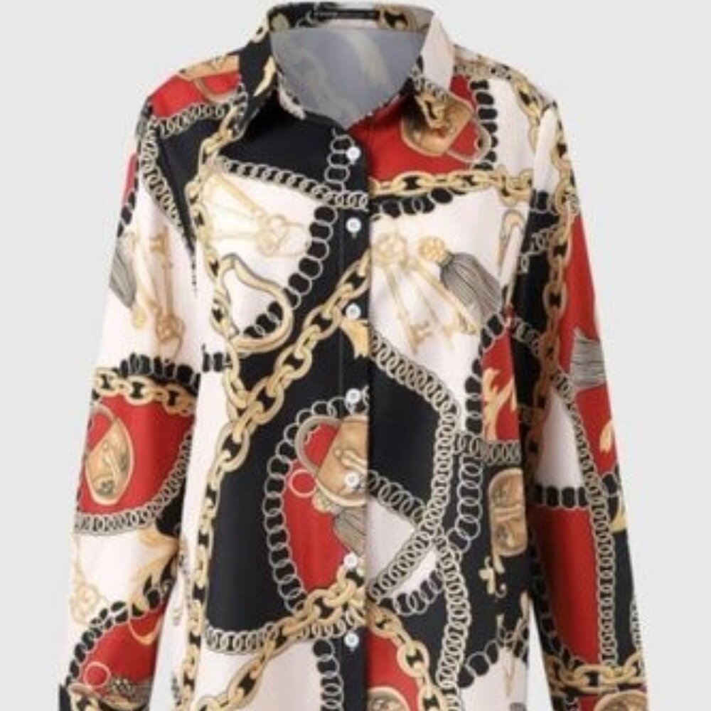 NWT STYLEWE White, Black, Red W/ Gold Chains Lockets Print Button down Blouse XL